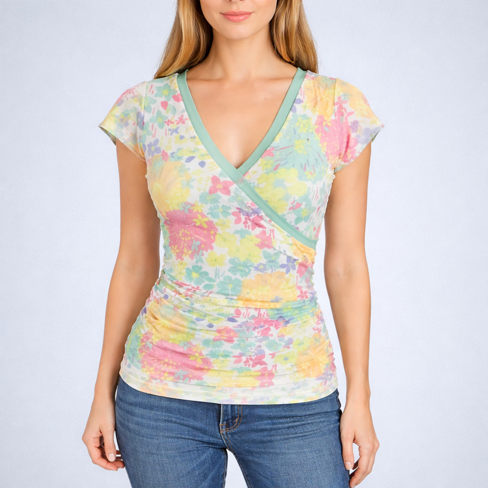 Weston Wear Anthropologie Size Medium M Floral Wrap V Neck Short Sleeve Mesh Top